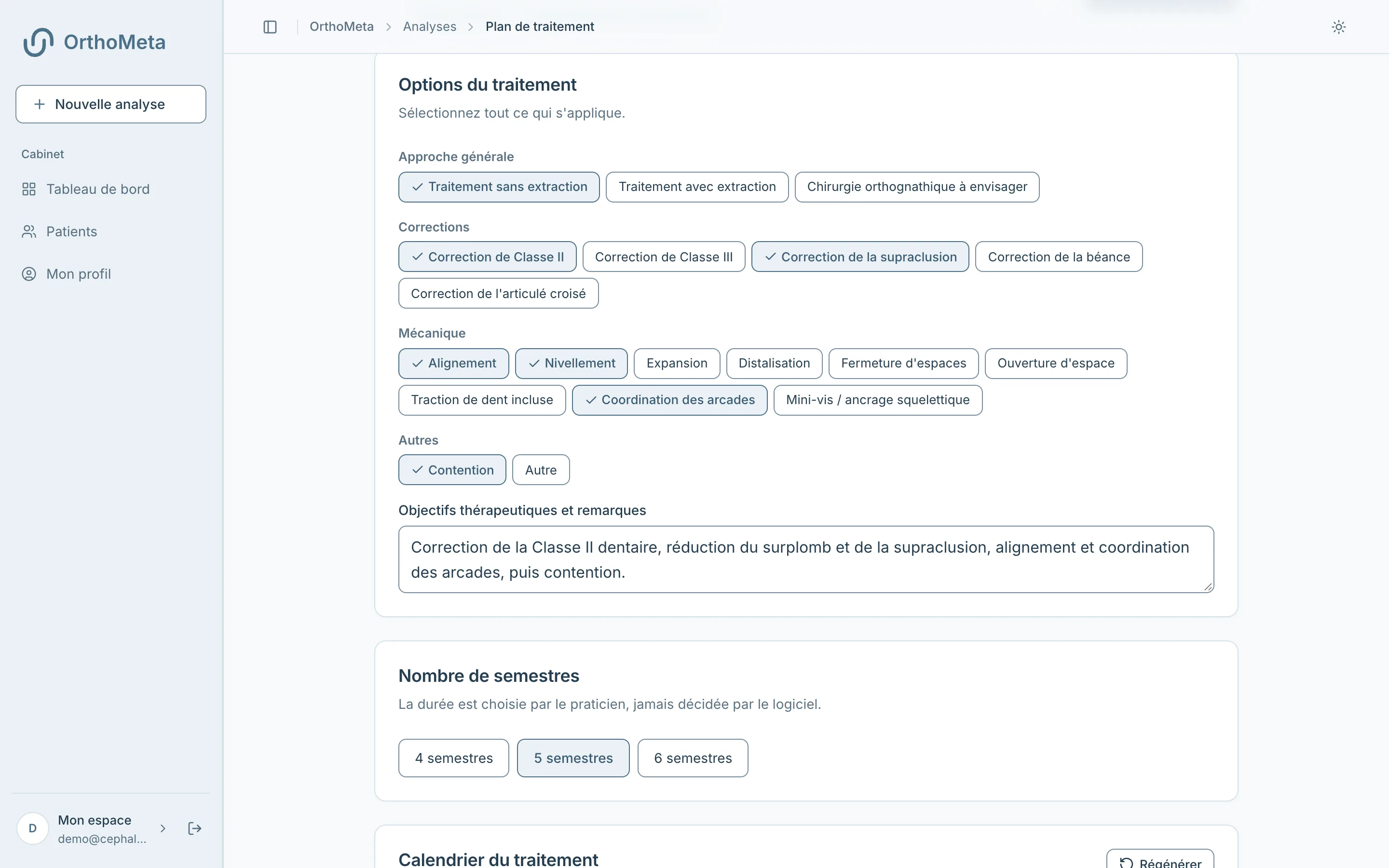 Plan de traitement : options retenues, extractions et calendrier par semestre.
